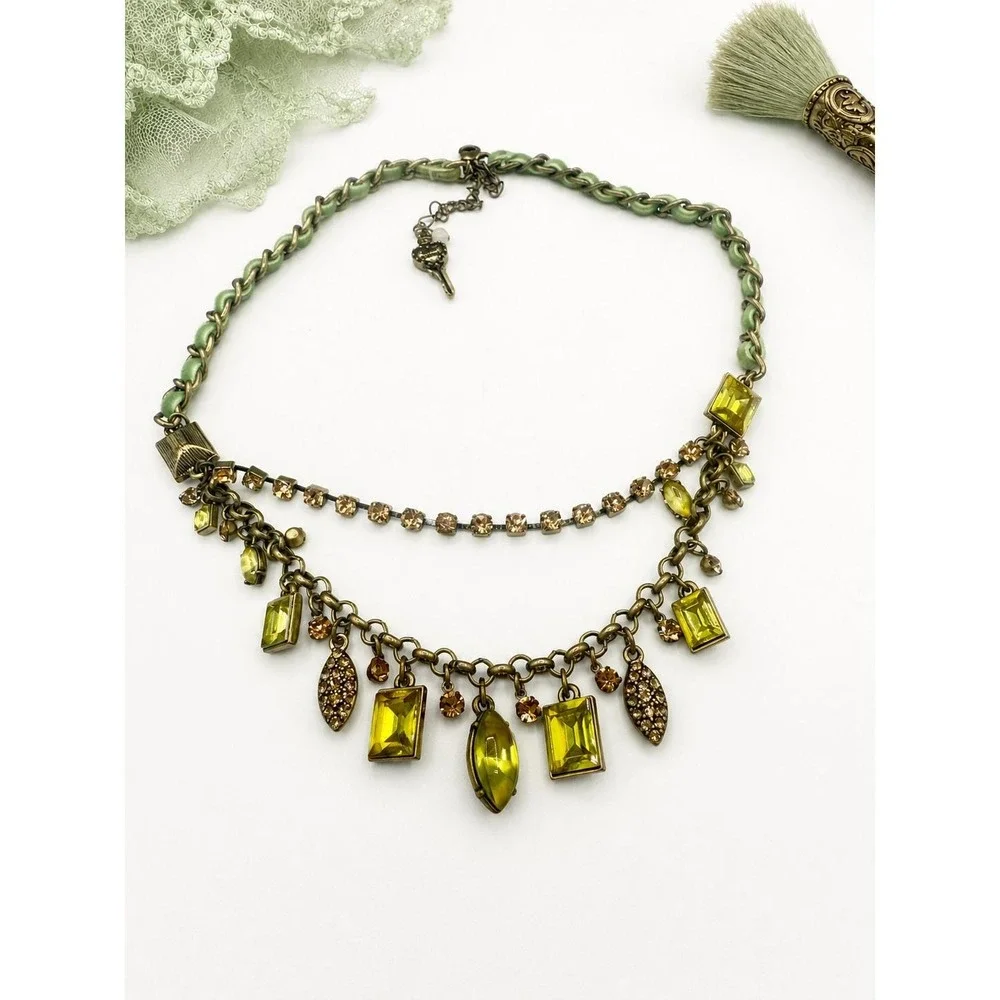 Betsey Johnson Green Rhinestone Bib Statement Necklace Fabric Chain Signed